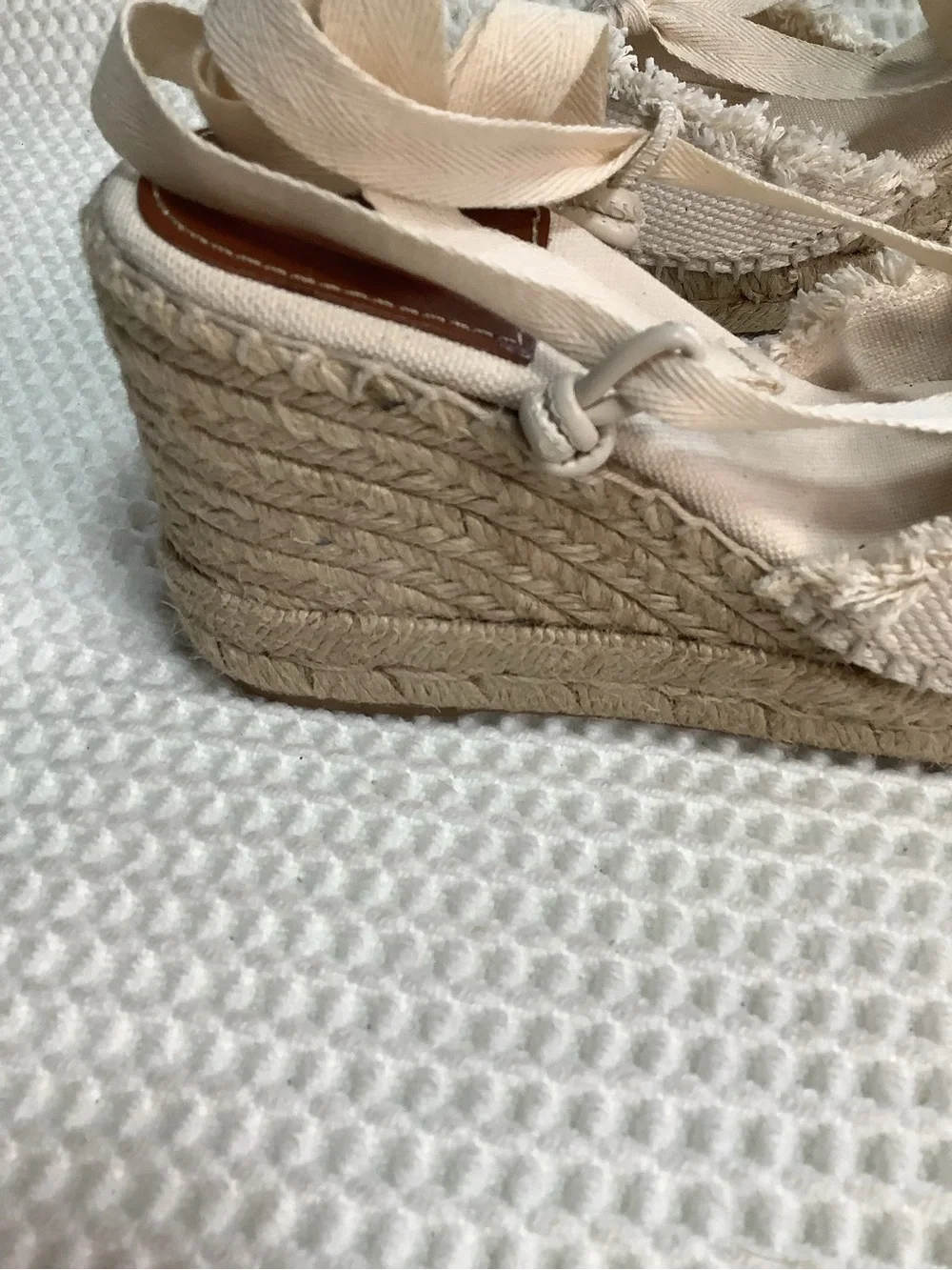 Polo Ralph Lauren Canvas Lace Up Espadrille Wedge Sandals Womens Size 7B Ivory